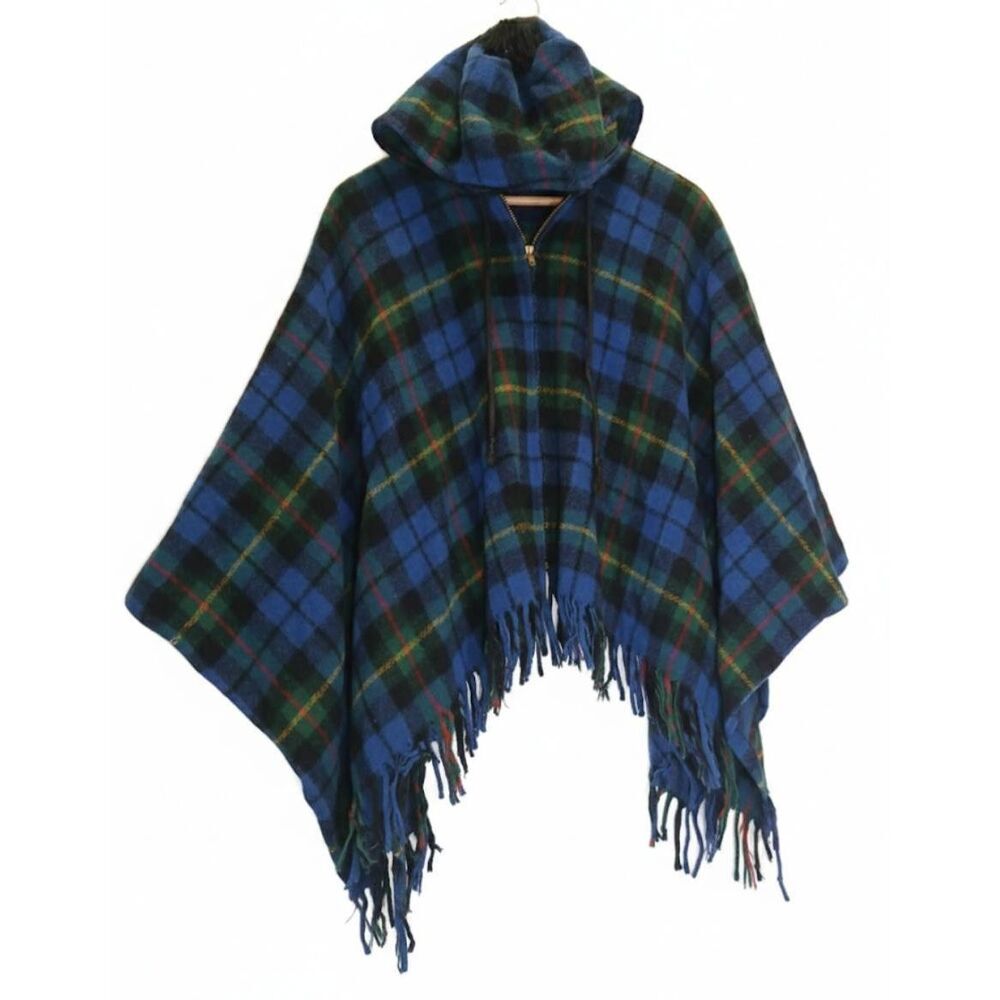 Vintage king of poncho cape womens xl wool hoodie full zip tartan plaid blue